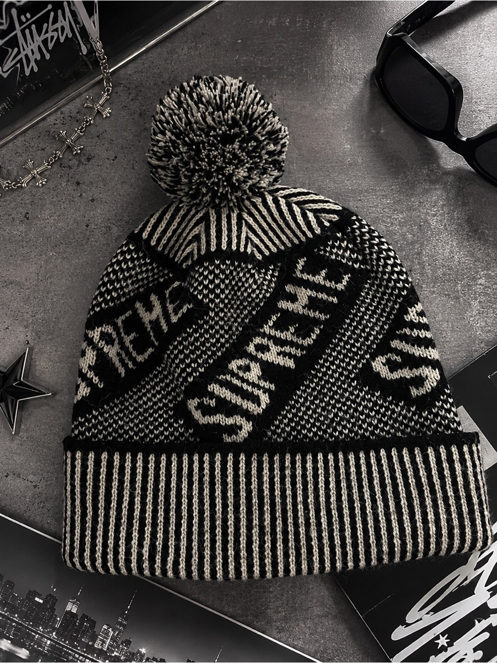 Supreme Black White Logo Knit Beanie Pom Pom Hat